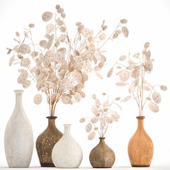 decorative bouquet of dried flowers in a vase with Lunaria on a white background