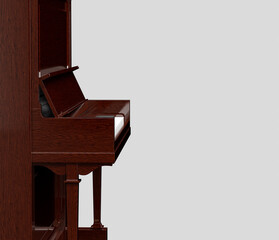 Music instriument, vintage wooden console piano, upright piano in a dark studio, 3d rendering © markOfshell