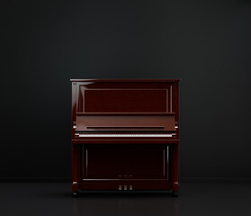 Music instriument, vintage wooden console piano, upright piano in a dark studio, 3d rendering