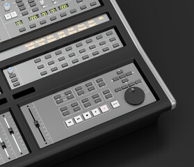 Music instriument, audio sound mixer, synthesizer in a dark studio, 3d rendering