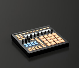 Music instriument, USB MIDI pad controller, drum and effect pad in a dark studio, 3d rendering