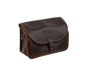 Brown leather bag with metal clasp. Isolate on a white back