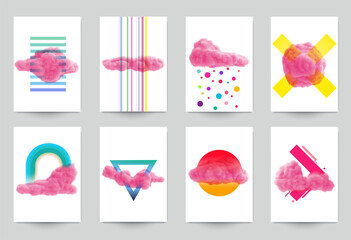 Collection abstract art background with pink cloud and colorful geometric shapes. Set of modern fashion templates for cover, poster, banner. Minimalistic trendy vector illustrations.