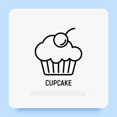 Cupcake with berry, sweet dessert thin line icon. Modern vector illustration of bakery.