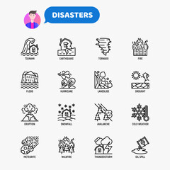 Disasters, catastrophes thin line icons set: tsunami, tornado, wildfire, hurricane, flood, earthquake, landslide, drought, snowfall, eruption, thunderstorm, avalanche, meteorite. Vector illustration.