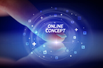 Finger touching tablet with social media icons concept