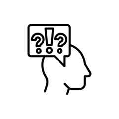 Communication problems, misunderstanding thin line icon: silhouette of head with question marks and exclamation. Vector illustration of depression, neurosis, conflict.
