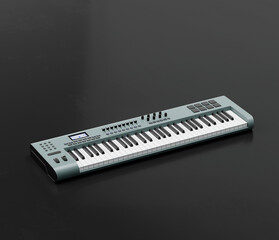 Music instriument, Synthesizer, electronic keyboard on the floor in a dark studio, 3d rendering