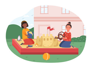 Sandbox game concept. Little girls are building big sand castle. Cheerful Activity for children. Creative play outdoors in park . Cartoon flat vector illustration isolated on a white background