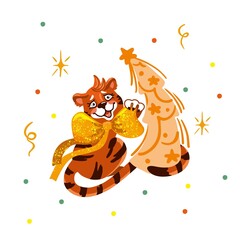 Cheerful tiger, simbol 2022 year, Christmas card, vector