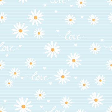 Seamless Pattern With Daisy Flowers On Blue Background Vector Illustration.