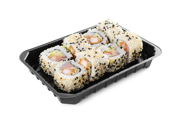 Tasty sushi rolls with shrimps in box on white background