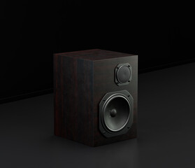 Music instriument, professional speakers on the floor in a dark studio, 3d rendering