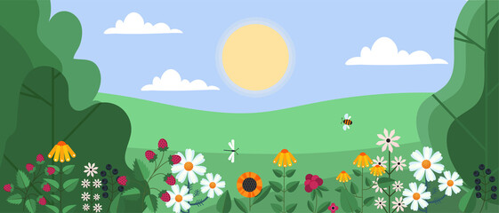 Spring and summer background. Beautiful landscape with trees, leaves, flowers and insects. Horizontal postcard, banner or poster. Cartoon modern flat vector illustration in trendy simple style