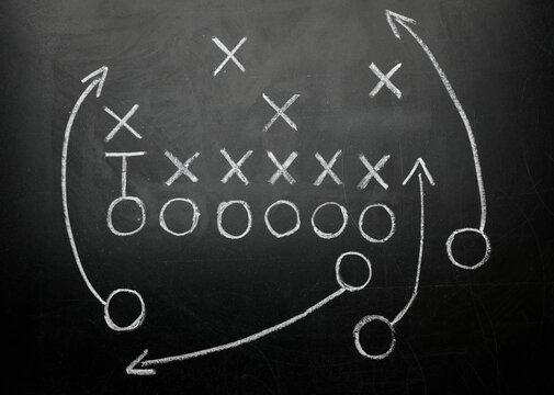 Football game strategy drawn on black chalkboard