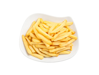 Yummy golden French fries on white background, top view