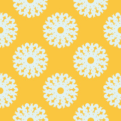 Fototapeta na wymiar Yellow dewy seamless pattern with white vintage ornaments. Wallpaper in a vintage style template. Indian floral element. Graphic ornament for fabric, packaging, packaging.