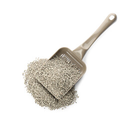Grey plastic scoop with cat litter isolated on white, top view