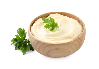 Bowl with delicious mayonnaise and parsley on white background