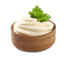 Bowl with delicious mayonnaise and parsley isolated on white