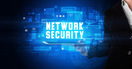 Person holding tablet, security concept