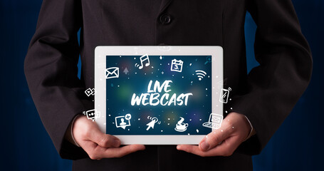 Person holding tablet, social network concept