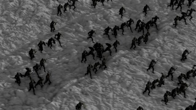 Large Medieval Army in War Charging in a Rocky Battlefield