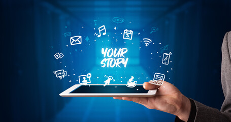 Person holding tablet, social network concept