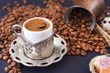 Traditional turkish coffee concept. Coffee background. 