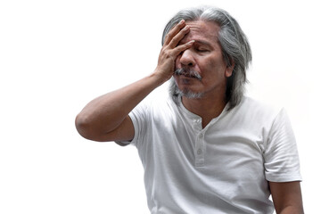 Portrait of senior old man covering his face with one hand, isolated on white background, with clipping path