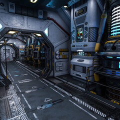 3D-illustration of an engine room in a science fiction starship