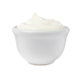 Delicious sour cream in bowl isolated on white