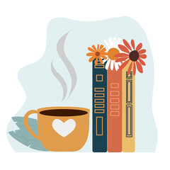 Vector illustration of glasses on top stack books. Conceptual illustration of earnings, distance learning and self-education. World book day. Stack of books, glasses, vertical books and coffee - 449539738
