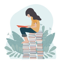 The girl is reading a book. Student, schoolgirl, back to school, start of a new school year, study. Flat illustration.