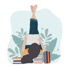 The girl is reading a book. Student, schoolgirl, back to school, start of a new school year, study. Flat illustration.