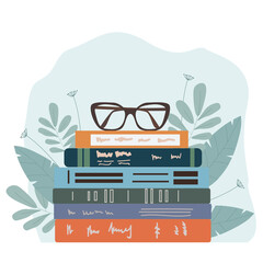 Vector illustration of glasses on top stack books. Conceptual illustration of earnings, distance learning and self-education. World book day. Stack of books, glasses, vertical books and coffee - 449539767