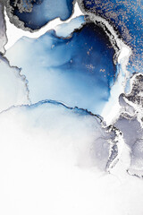 Blue silver abstract background of marble liquid ink art painting on paper . Image of original artwork watercolor alcohol ink paint on high quality paper texture .