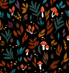 Seamless pattern with leaves and mushrooms on black background In autumn colours