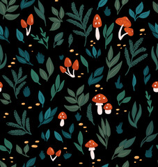 Seamless pattern with leaves and mushrooms on black background 