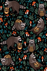 Seamless pattern with raccons wearing backpacks among the leaves and mushrooms in the forest on black  background 