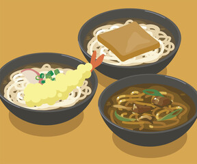カレーうどんとえび天うどんときつねうどんのベクターイラスト素材