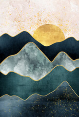 Gold mountain wallpaper design with landscape line arts, Golden luxury background design for cover, invitation background, packaging design, wall arts, fabric, and print.