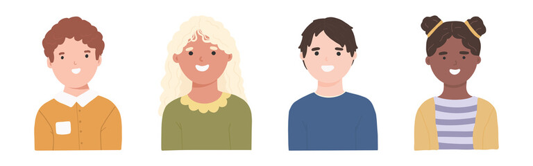 Smiling little kids in casual clothes, set. Cheerful kindergarten pupils, elementary school students.