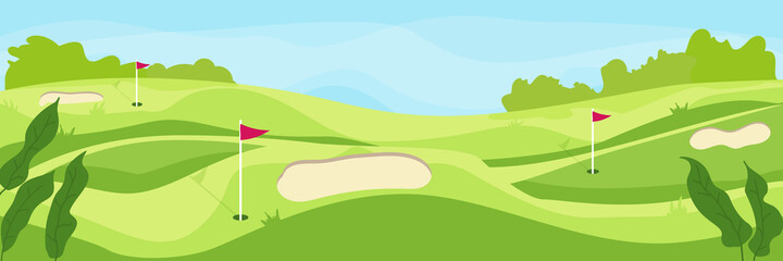 Golf course vector illustration. Popular sport activity field: green grass, sand bunker, flags, lawns. Summer landscape.
