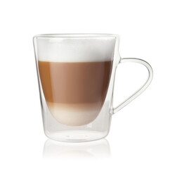 Hot coffee with milk in glass cup isolated on white