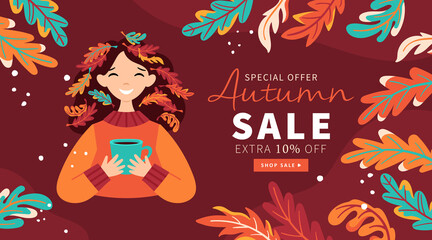 Autumn background template for social media, banner or poster design. Cute girl character with fall leaves creative concept.