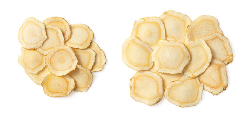 Dried American ginseng slices isolated on white background, top view