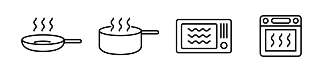 Foto op Plexiglas Cooking mode black icons vector set. Isolated Pan, Microwave, Stove, Oven symbols on white background. Food packaging cooking time line signs. Vector flat design illustration. © Neo