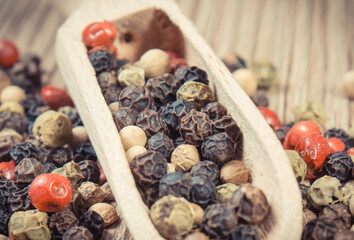 Colored pepper on wooden board as cooking spice