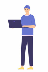 A student holding a laptop in his hands. Programmer, businessman. Male character isolated on white background. Vector illustration in flat style.